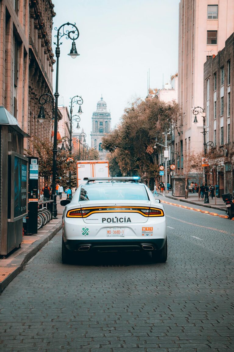 A police car is parked on a cobblestone street in a historic city with architecture and street lamps.